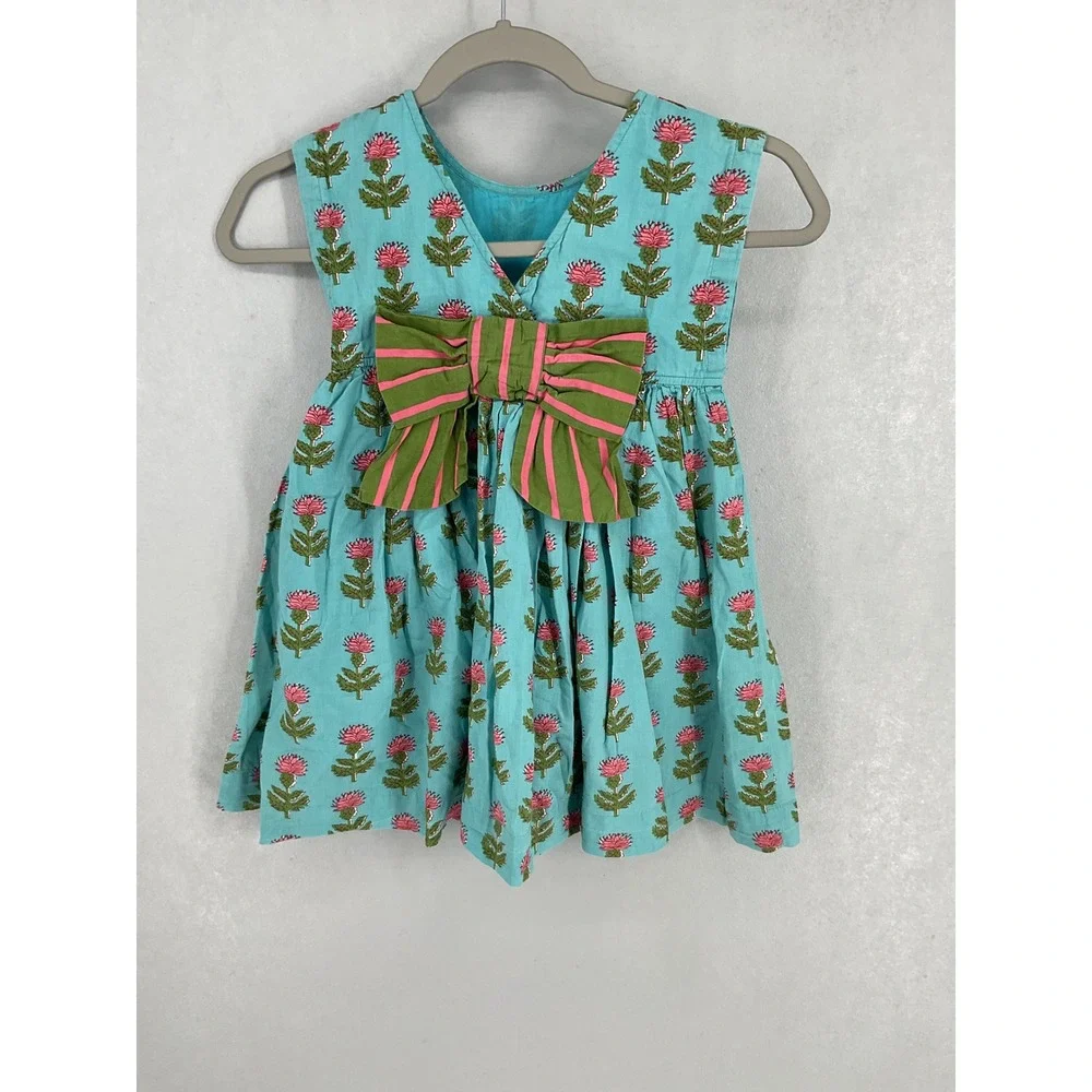 Pink Chicken Girls Dress Blue Floral Block Print Back Bow Size 6Y